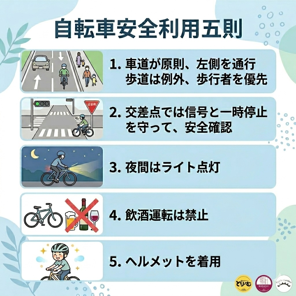自転車安全利用五則*について。令和8年（2026年）4月1日、 自転車 