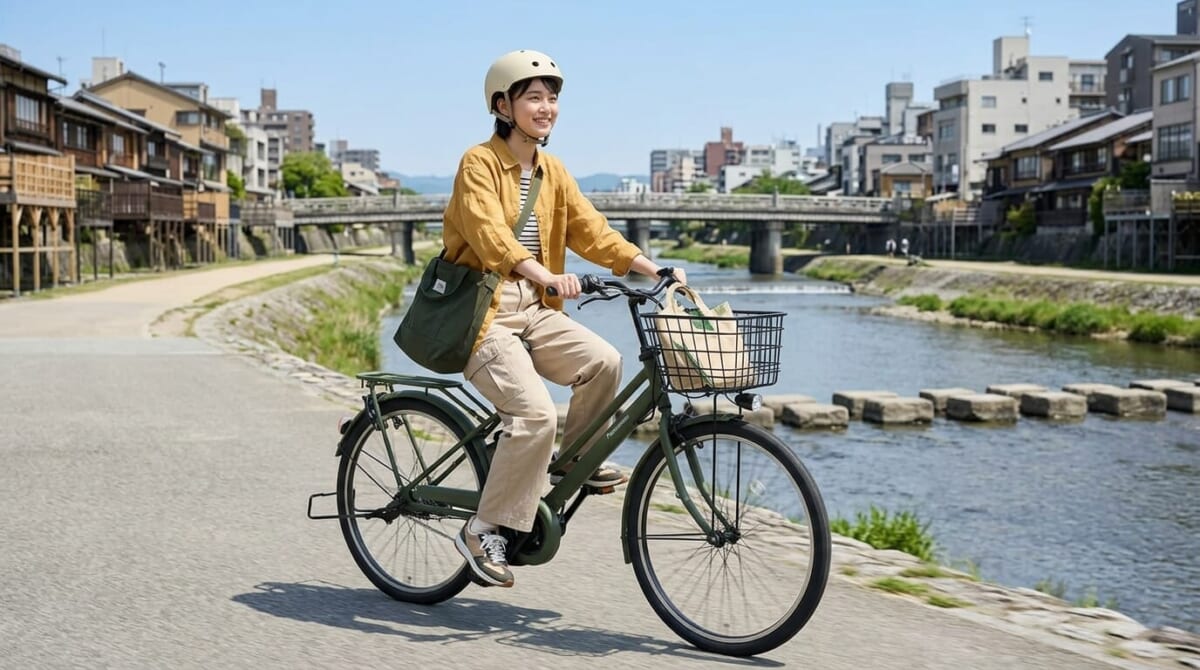 鴨川沿いを走る女子大生、パナソニック ティモ・S マットオリーブ、京都