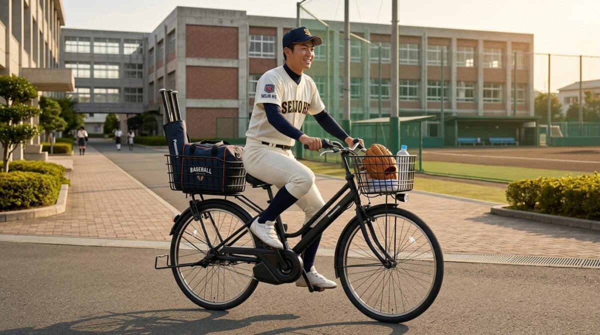 野球部の男子学生がパナソニック ティモ・S マットジェットブラックで通学