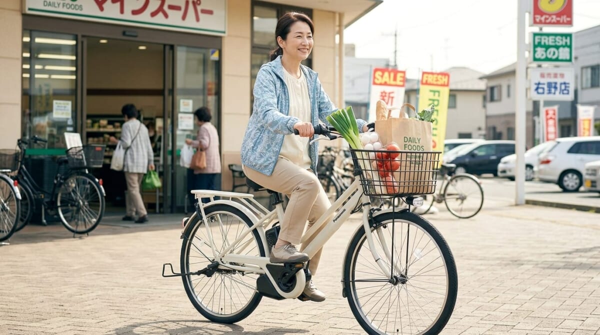 スーパーで買い物をした後、パナソニック電動アシスト自転車に乗る女性
