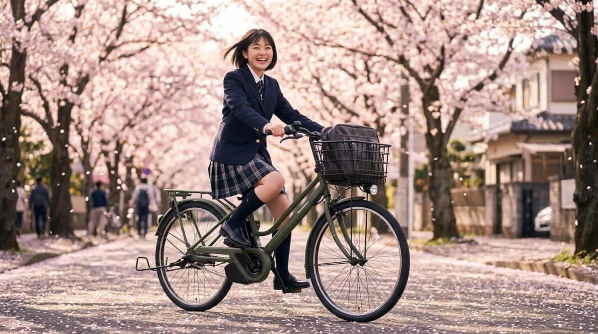 桜並木を颯爽と走る女子学生、パナソニック ティモ・S マットオリーブ