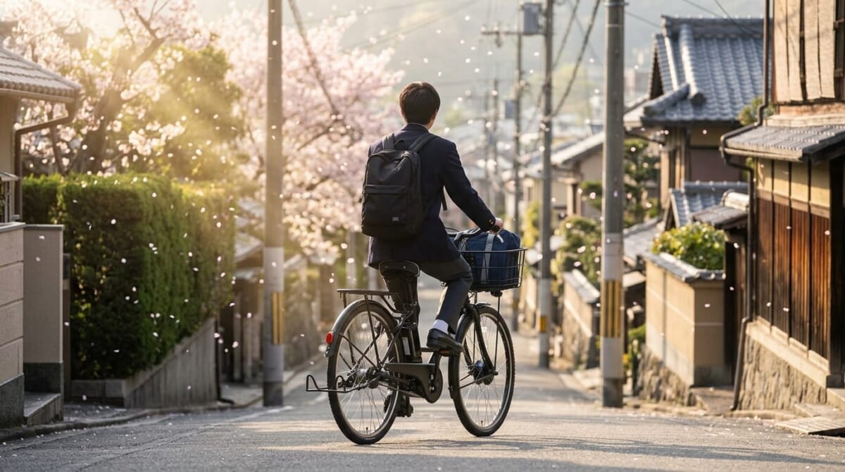 ステップクルーズeで通学する高校生イメージ 京都の桜並木
