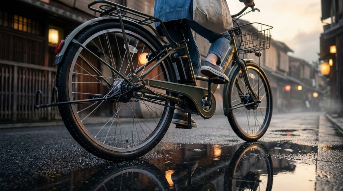ステップクルーズe ベルトドライブと太タイヤのクローズアップ 雨の日の京都