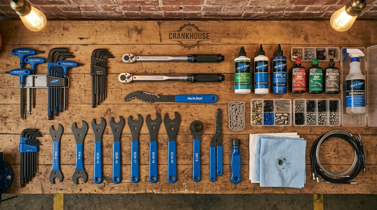 自転車修理工具が並ぶ作業台