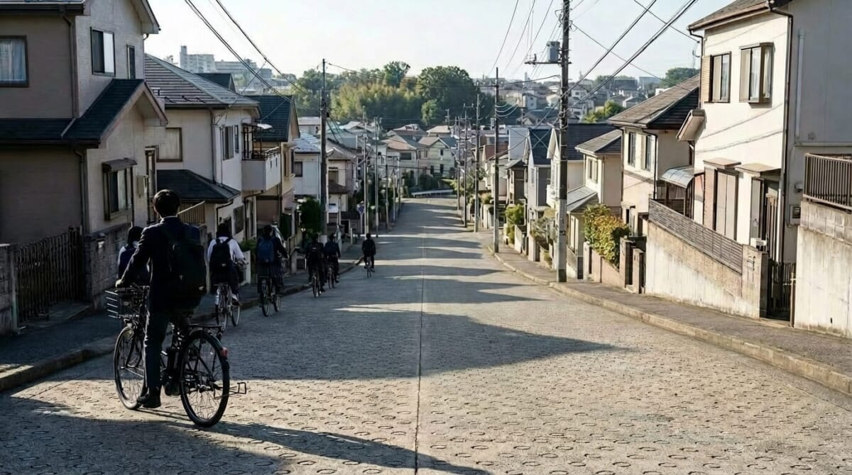 坂道を自転車で通学する学生たち、京都の住宅街の朝