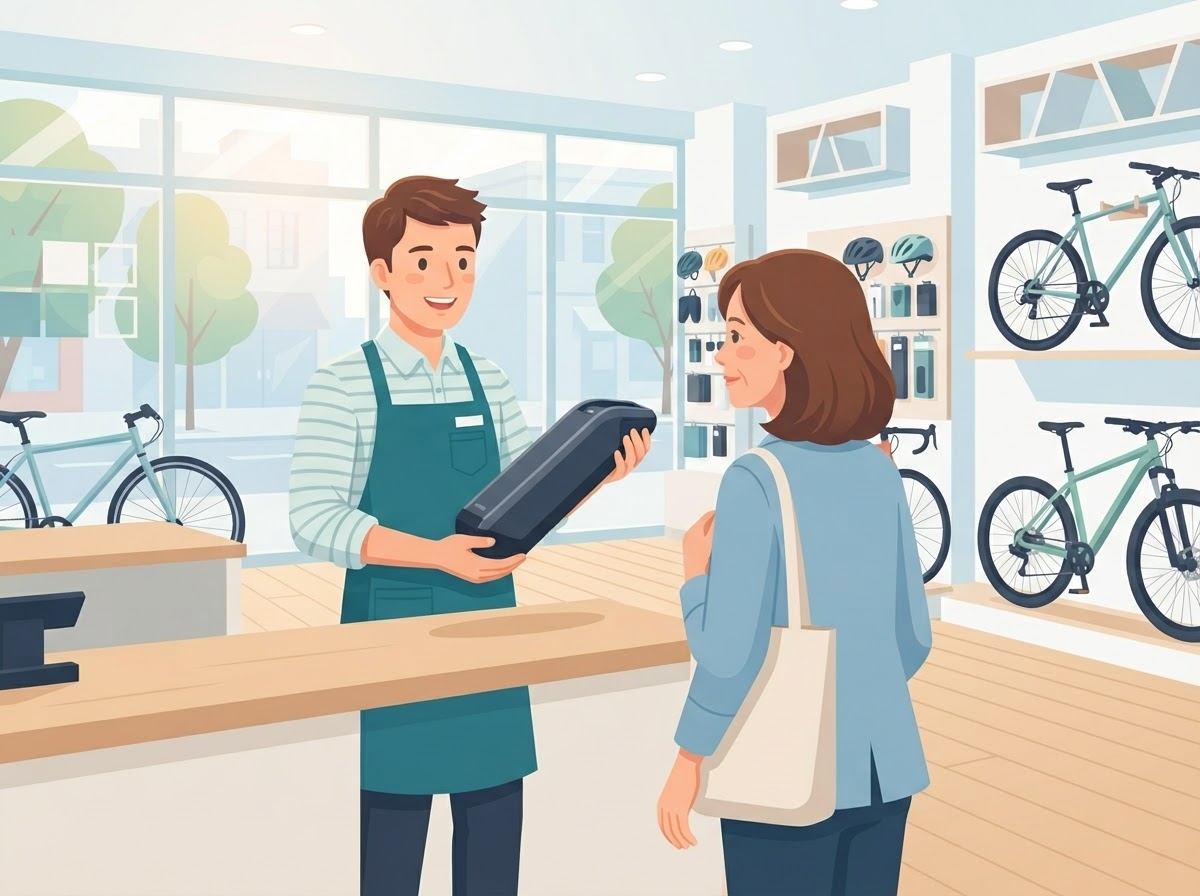 サイクルどり～むのスタッフが電動アシスト自転車のバッテリーを説明する様子