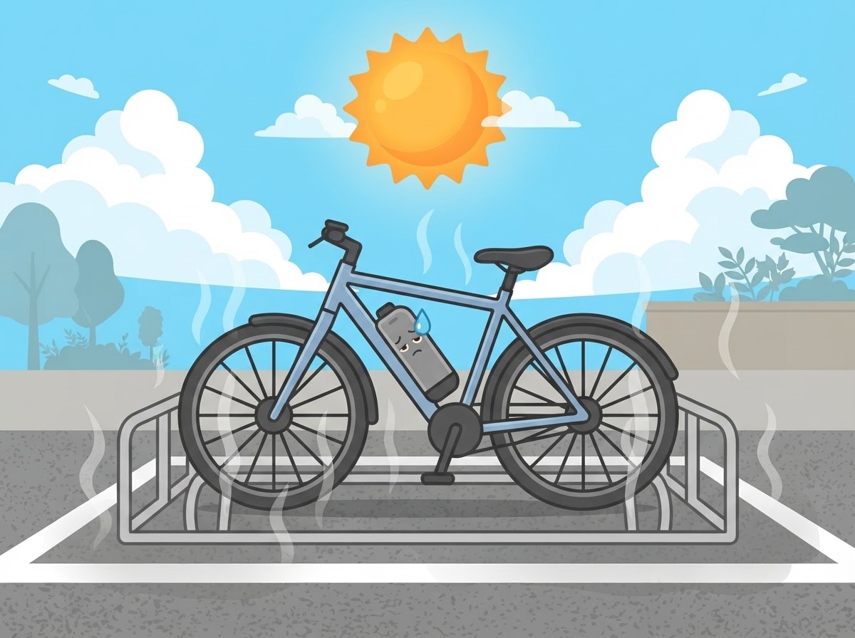 炎天下の駐輪場に停められた電動アシスト自転車｜夏の暑さでバッテリーが弱っているイメージ