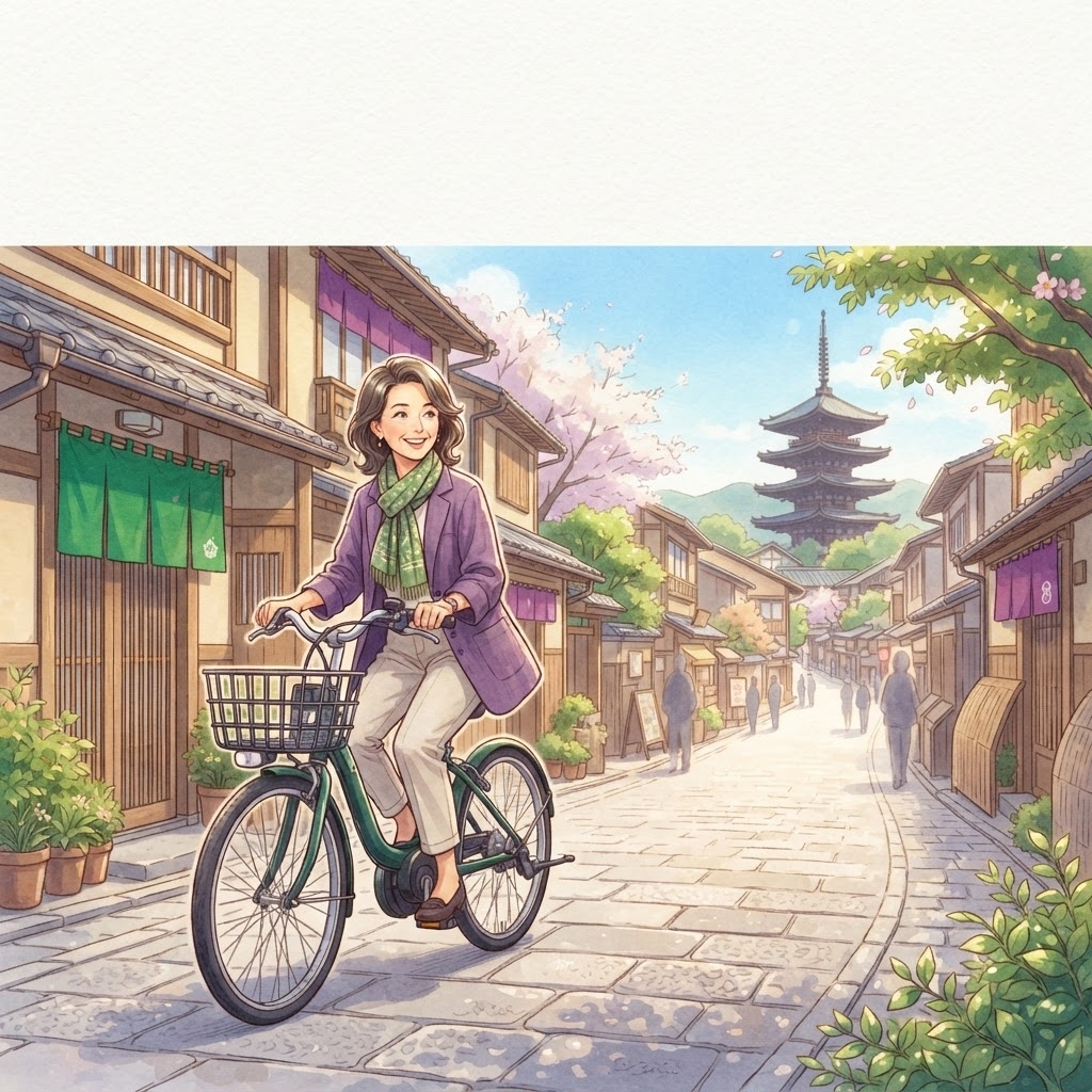 京都の街を電動アシスト自転車で走るご婦人｜京都ポイント（きょうぽ）で電動自転車を購入