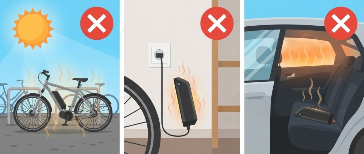 夏にやりがちな電動自転車バッテリーのNG行動3つ｜炎天下放置・熱いまま充電・車内放置